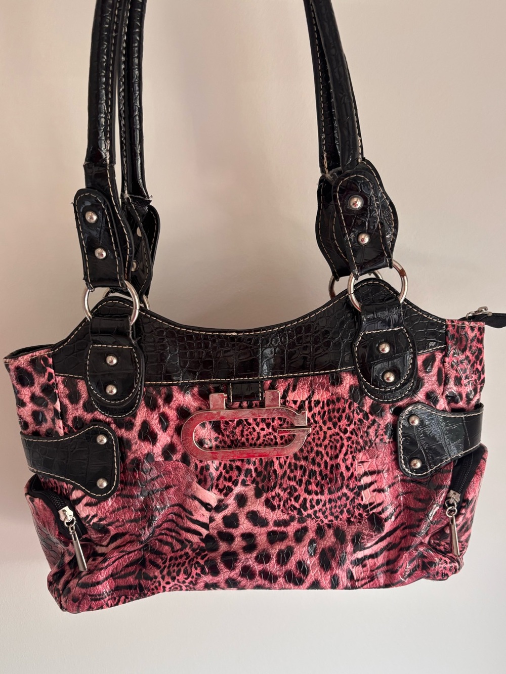 Y2K Pink Leopard-Print Shoulder Bag with Black Trim